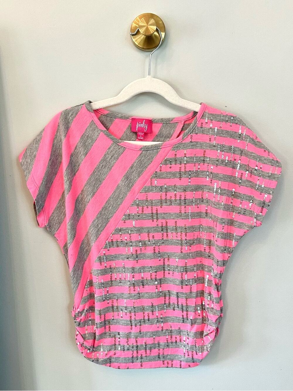 Pinky Girls Neon Pink Gray Striped Sequin Dolman Top Size S 6/6X